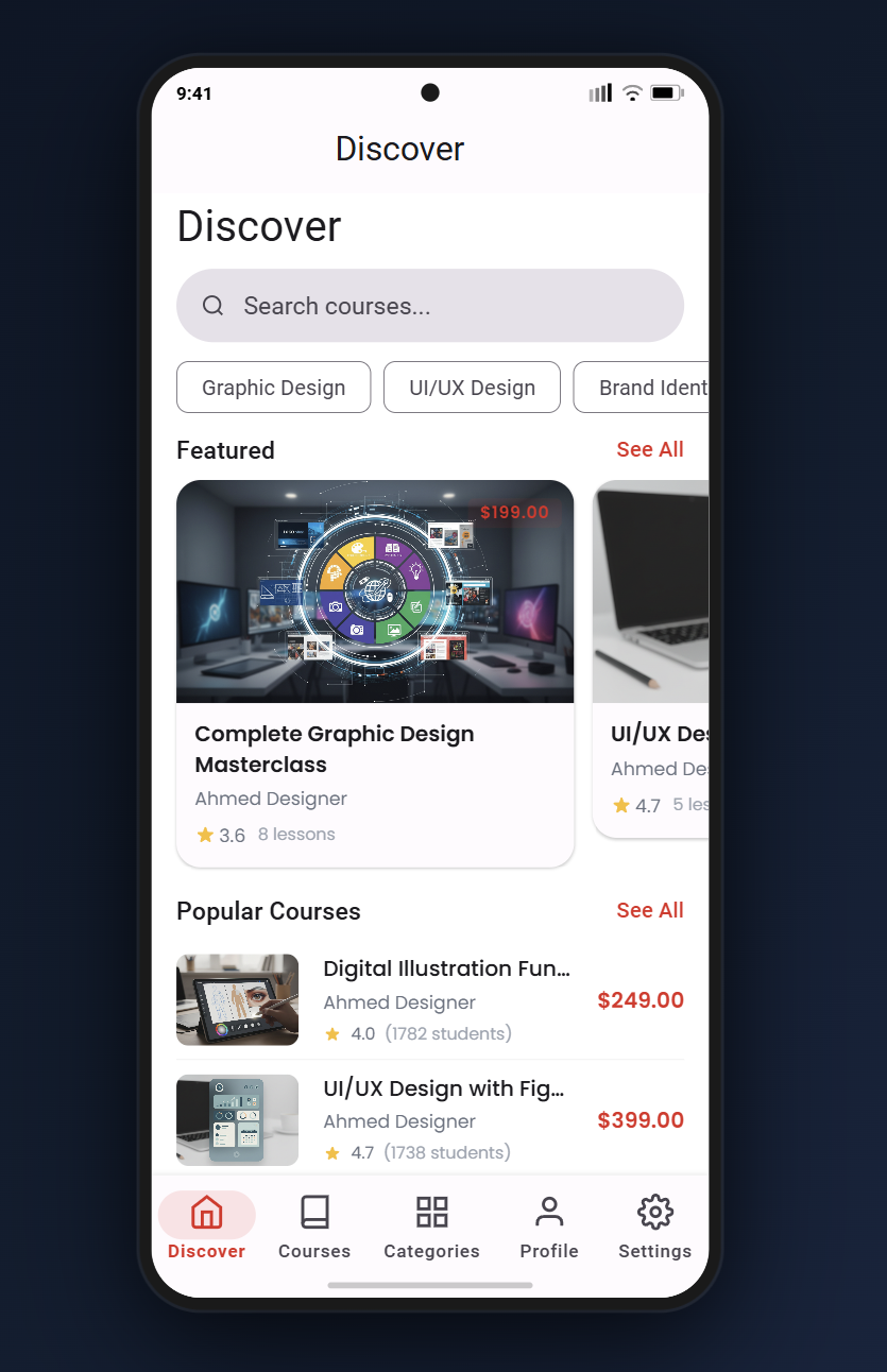 منصة Design Academy – نظام تعليمي متكامل (Laravel + Filament + Flutter API)